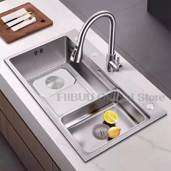 304 อ่างล้างจานสแตนเลสขนาดใหญ่ความจุชามเดียวมัลติฟังก์ชั่ผัก Workstation ล้าง/ตัด/ท่อระบายน้ําในหนึ่งชุดเต็ม 2