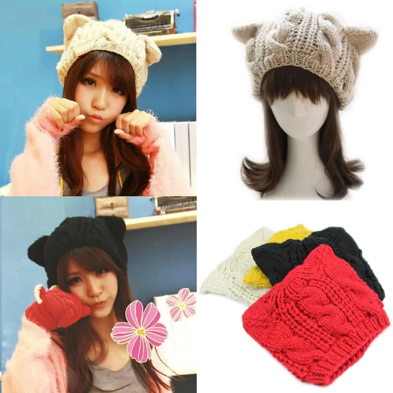 

Women Devil Horns for CAT Ear Winter Beanie Crochet Braided Knit Ski Wool Cap Ha