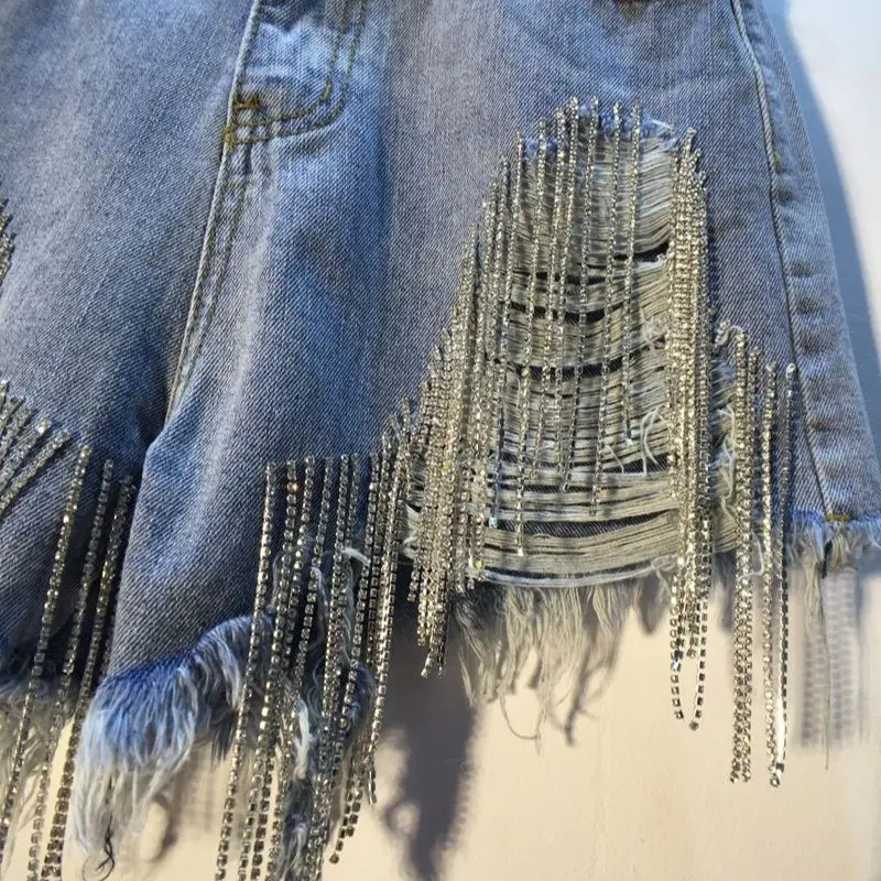 Fashionable Ripped Rhinestone Tassel Chain High Waist Denim Shorts Women 2023 Summer New Sexy Girl Slim Blue Booty Shorts