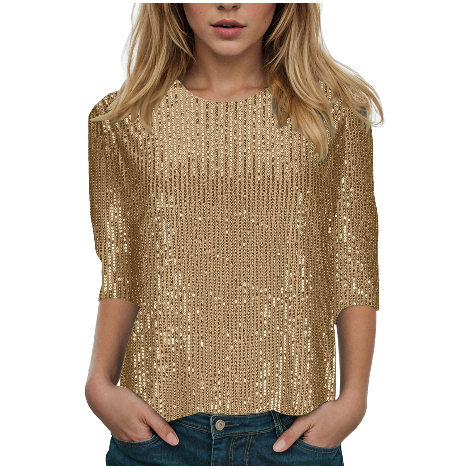Woman wearing glitter sequin quarter sleeve T-shirt with round neck in a festive clubwear setting 05