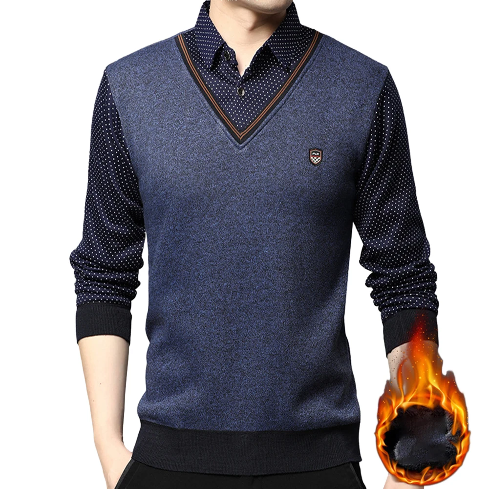 

Comfy Fashion Shirt Mens Male Tops Polka Dots Slim Fit T-shirts Vintage Autumn Winter Business Fake Two Pieces