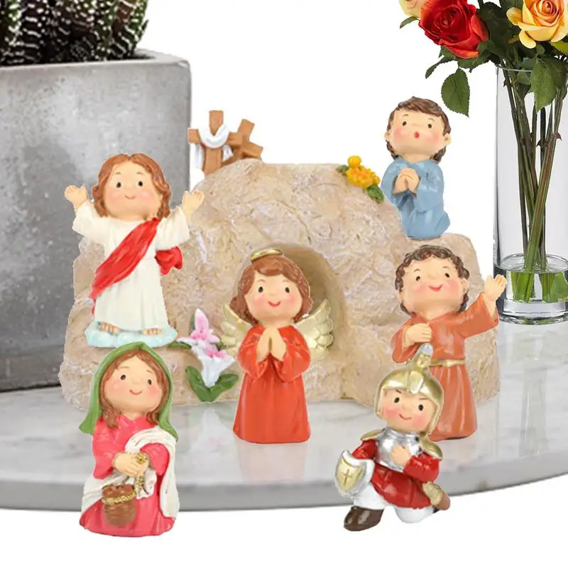 

Jesus Ascension Statue Religious Statues Cartoon Jesus Tomb Set 7pcs Ascension Day Scenes Desk Decor Tabletop Ornament