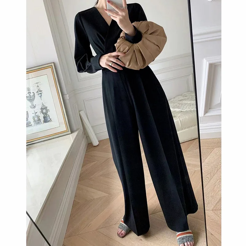 Office Ladies V-neck Full Sleeve Ladies Jumpsuit Elegant Temperament Slim Wide Leg Loose Jumpsuit Ladies Jumpsuit Spring 2023
