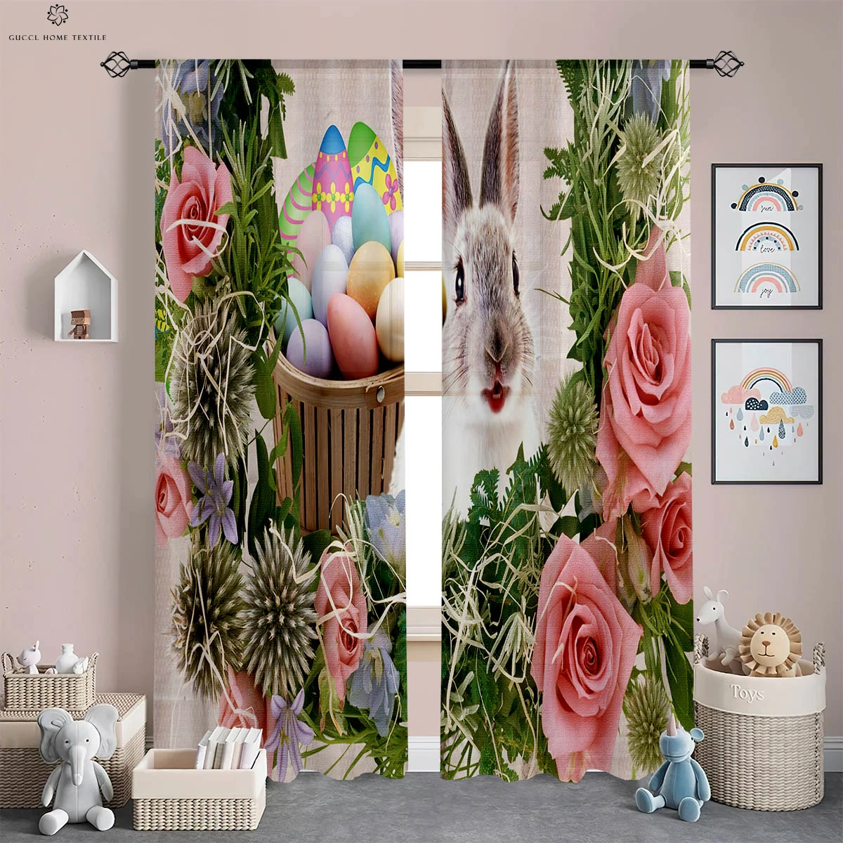 2pcs Cartoon Rabbit Colorful Egg Printed Curtains Living Room Bedroom Easter Decorative Curtains Kids Gifts 2