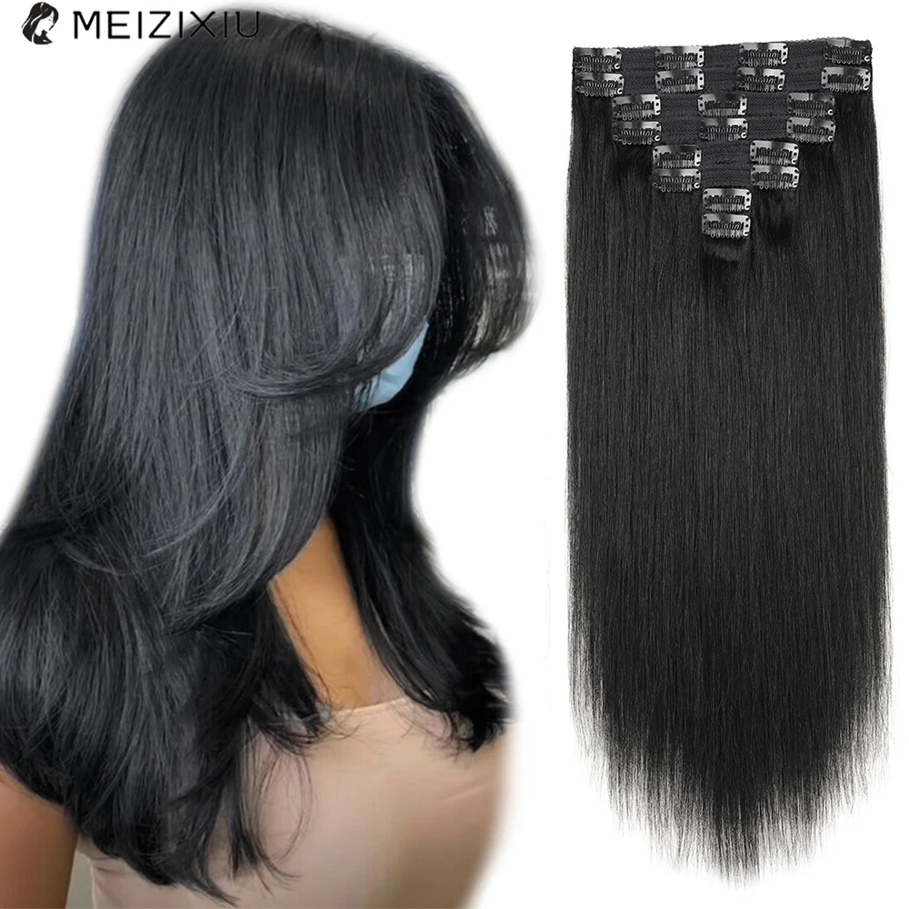 Extensiones de cabello humano brasileรฑo Remy para mujer, pelo negro con Clip, 12-18 pulgadas, 8 piezas