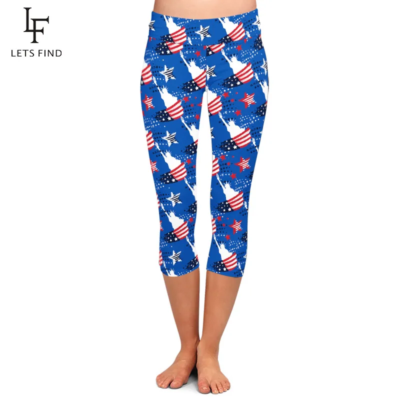LETSFIND Summer New High Quaility 3D American Flags Print Women Capri Leggings High Waist  Fitness Elastic Leggings