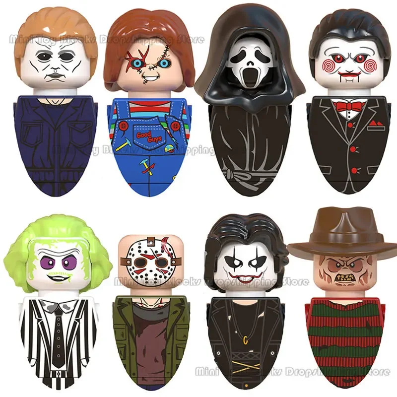 WM6075 Halloween Horror Movie Building Blocks Jason Child's paly billy scream killer eric darven freddy mini Action toy Figures michael myers the raven ghostface scream freddy krueger beetle juice child s play building blocks mini action figure toys wm6075