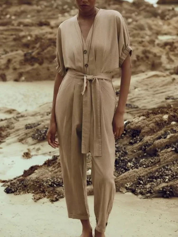 

2023 Women Summer Linen Jumpsuit Rompers Casual Solid Buttons V-Neck Sashes Female Elegant Street Overalls Clothing