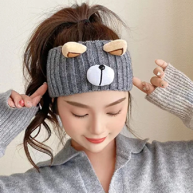Cute Bear Ear Women Headband Solid Color Wide Cotton Turban Knitted