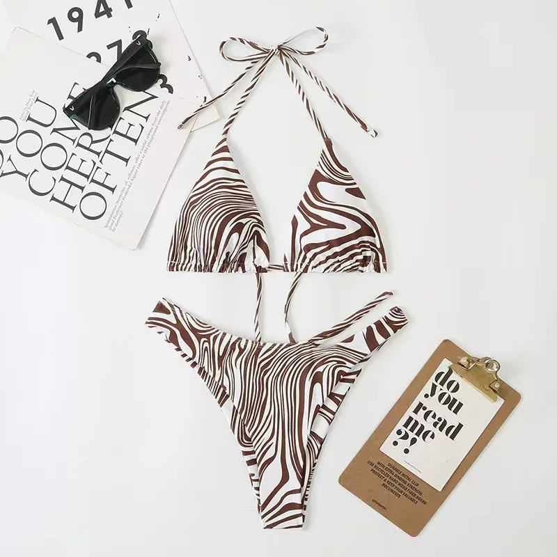 

Swimsuit Woman 2023 Bikinis Set Sexy Zebra Stripe Swimwear Halter Bathing Suit Female High Waist Bikini Summer Beach Two-piece