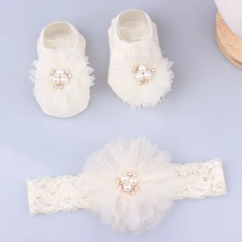 Baby Headband Socks Set Princess Newborn Headbands Hair Bands Girls Lace Flower Bows Turban Baby Hair Accessories 2 Pcs