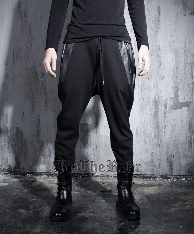 

27-46 New 2024 Men's Trousers Black PU Patchwork Harem Pants Hanging Crotch Pants Plus Size Singer Perform Costumes