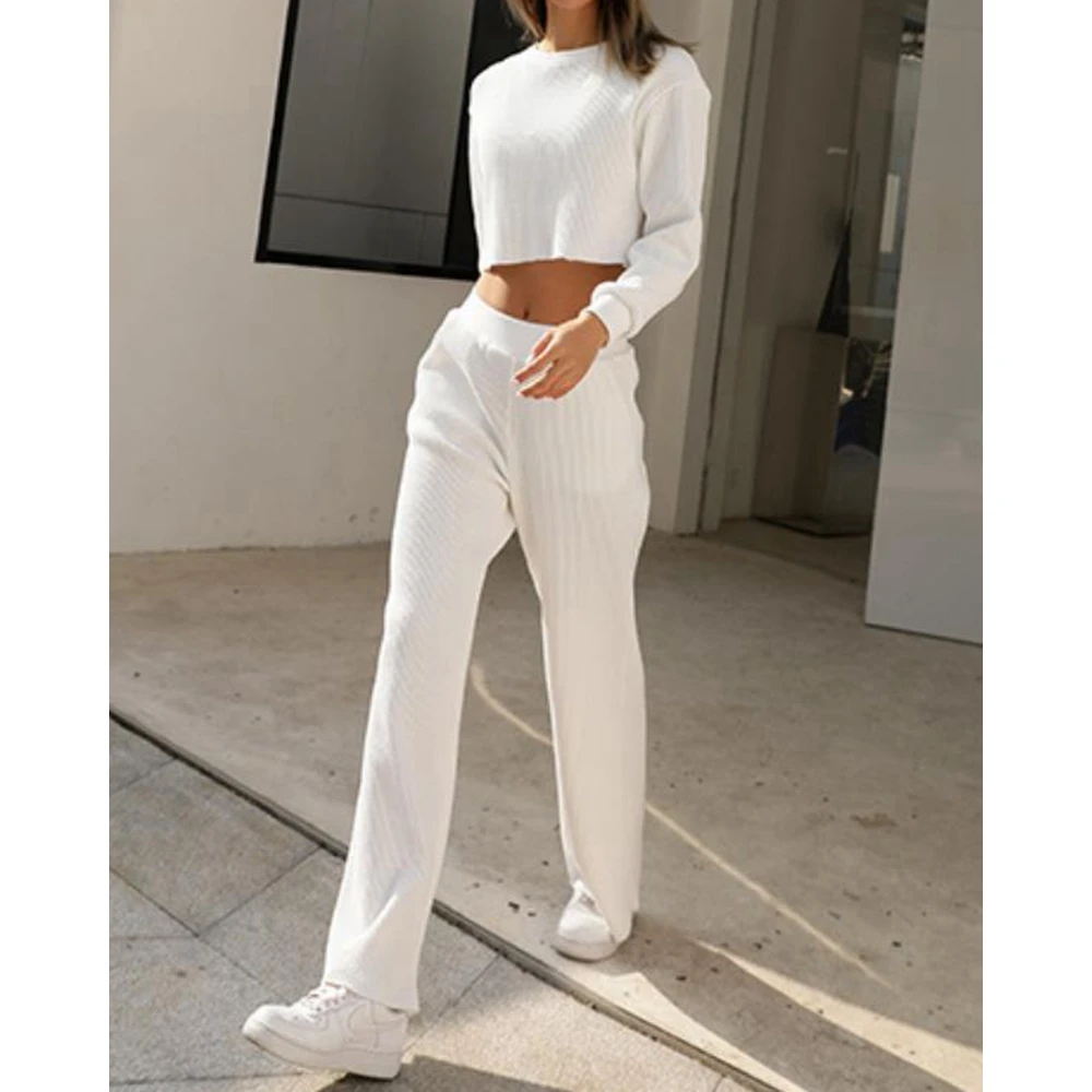 Autumn Fashion Women Elegant 2Pcs Set Solid Long Sleeve Cropped Top & High Waist Wide Leg Pants Set Winter Causal Two Pieces Set