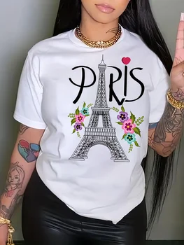 Short-Sleeved Paris Eiffel Tower Printed Crew Neck Casual T-Shirt for Summer Spring Women Aesthetic Clothes 1