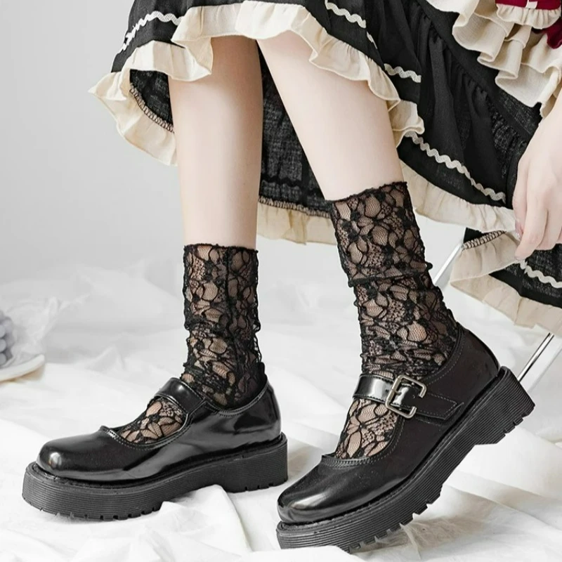 Women Lolita Ultra-thin Transparent Floral Lace Socks Japanese Style Harajuku Sweet Middle Tube Socks Hollow Mesh Crew Socks