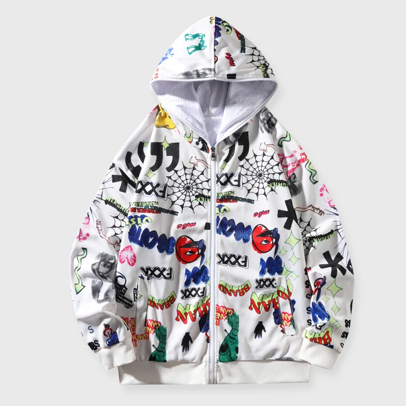 Full Zip Up Graffiti Hoodie Women Men Streetwear Harajuku