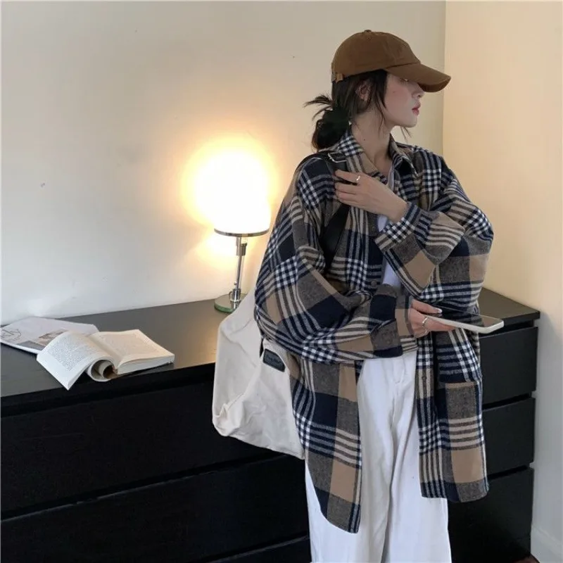 

XEJ Autumn Spring Clothes Ladies 2023 Korea Oversized Shirt Blouse New Collection Elegant Social Women's Casual Plaid Shirt