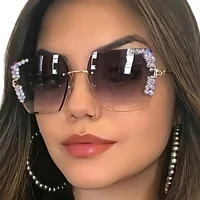 1 paire de lunettes à verres dégradés carrés sans cadre pour femmes à la mode avec décoration en cristal et matériau métallique 1