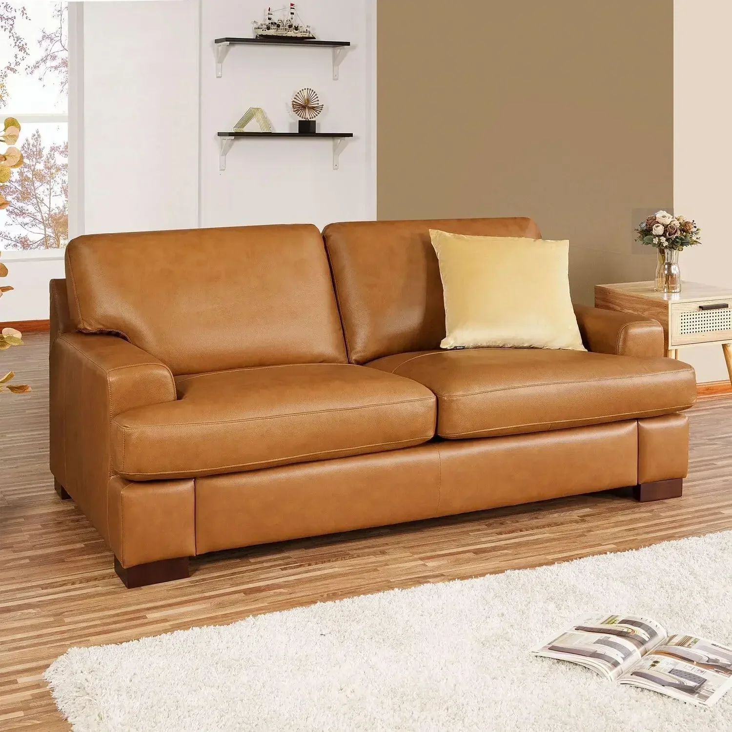 Hot Siggy Genuine Leather Sofa-Set of 3 Luxurious Comfort, Goose Feather Cushion Filling, Square Arm Design, Sturdy Block