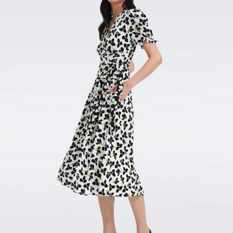 

2023 Summer New Black and White Printed Vintage V-Neck Wrap Ladies Dress