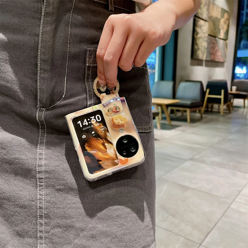 Ring Blue-ray 3D Flower Phone Case For OPPO Find N2 N3 Flip PC Protective Shell Cover