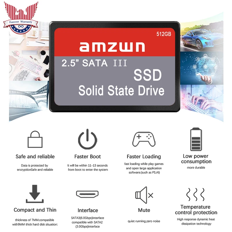 AMZWN-1 ׶Ʈ SSD ޴ SATA III 2.5 ġ  ϵ ̺, ִ 500MB/ б ӵ, Ʈ  PC ũž ȣȯ