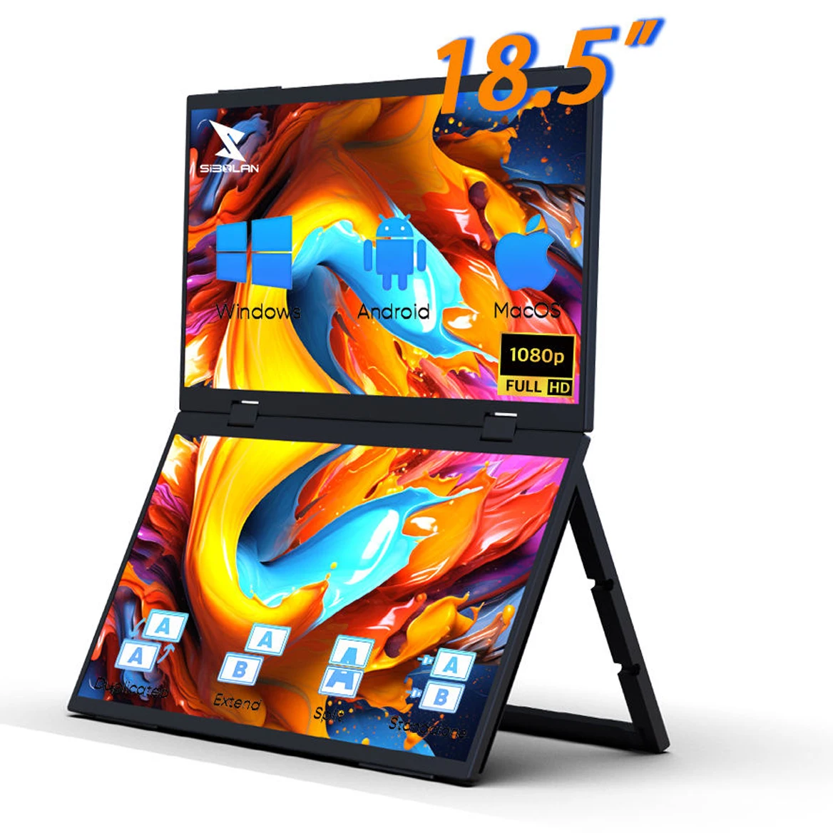 AHXJKA 18.5인치 100Hz 듀얼 휴대용 모니터 1080P FHD 100%sRGB 화면 확장기 노트북 미니 PC용 트리플 접이식 USB C 미니HDMI
