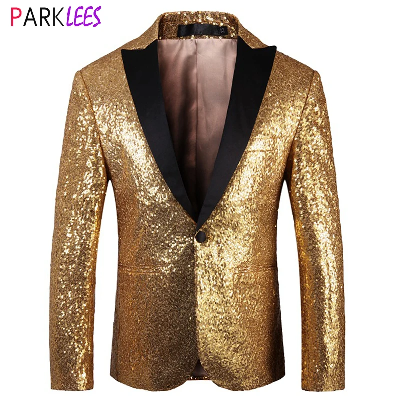 

Shiny Gold Sequin Glitter Tuxedo Blazers Men Slim Fit Peak Lapel Quality Suit Jacket Stage Prom Party Singers Costume Homme 5XL