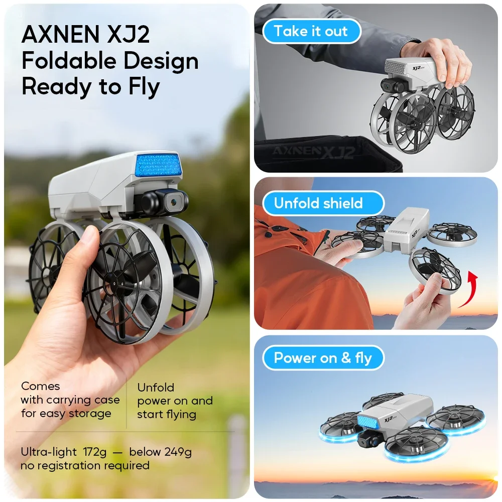 Drone jouet enfant avec caméra en action, télécommandé, stabilisateur maintenant le vol stationnaire, paysage verdoyant.