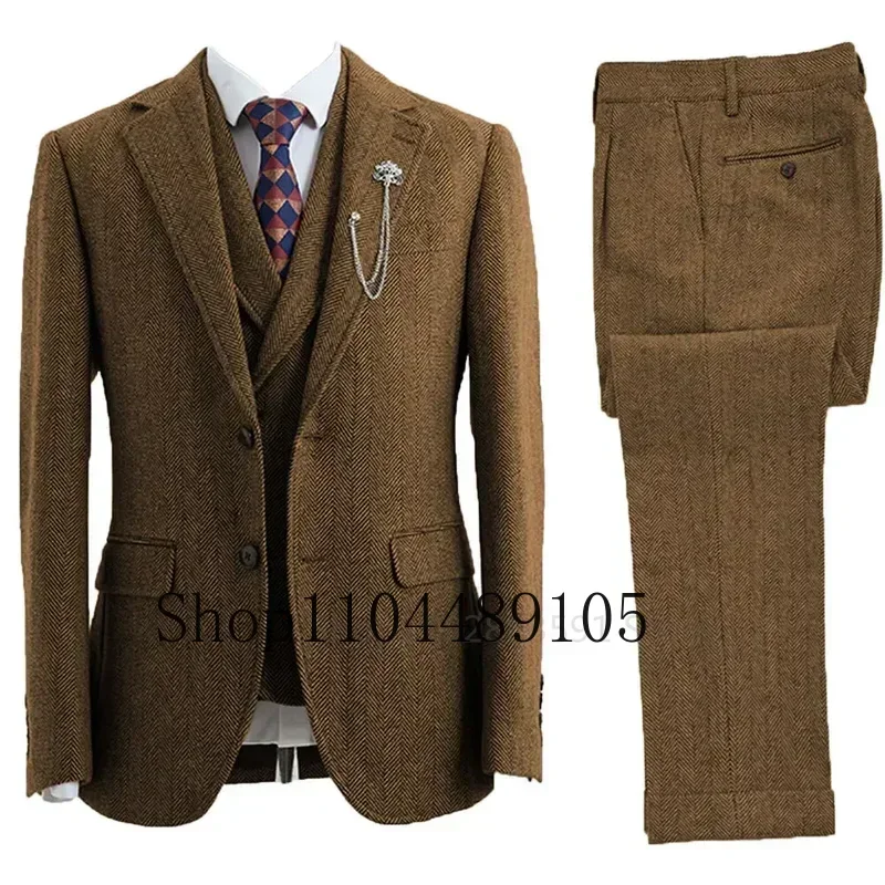 Elegant man suit three-piece herringbone suit mens suits 3 piece coarse woolen fabrics customize business activities banquet
