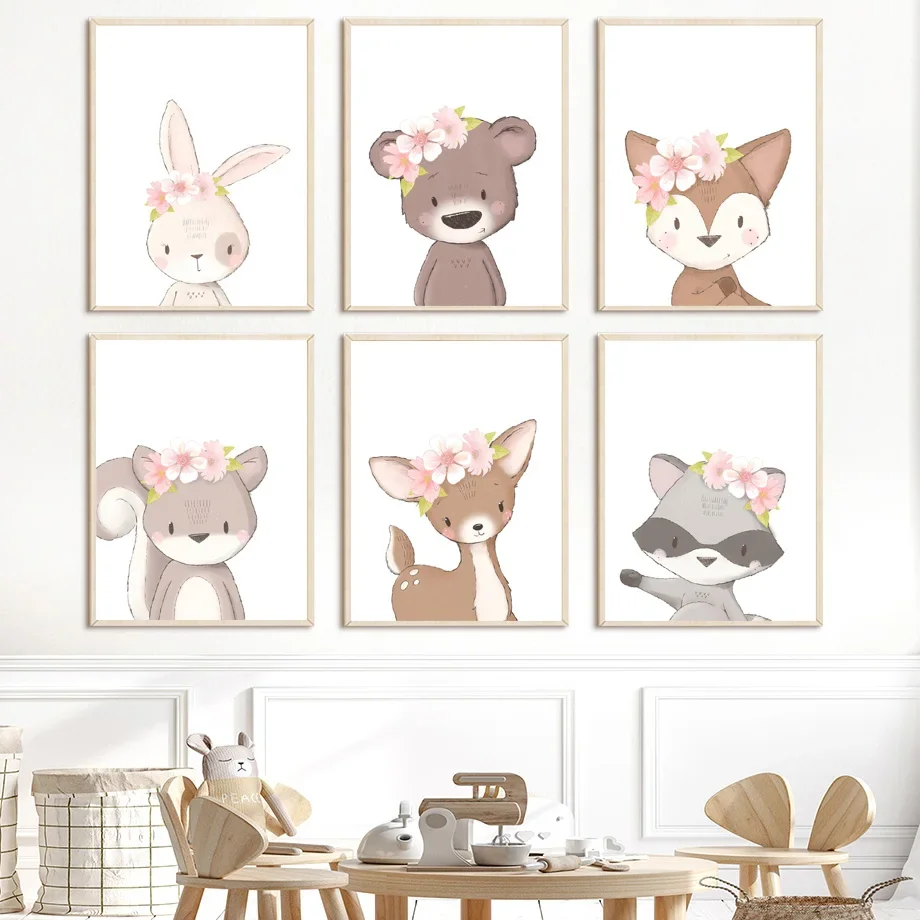 

Cartoon Forest Animals Raccoon Rabbit Deer Wall Art Canvas Painting Nordic Posters And Prints Wall Pictures Baby Kids Room Decor
