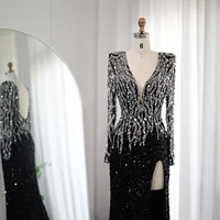 Luxury Black Mermaid Dubai Evening Dresses 2023 Elegant V-Neck Long Sleeves Arabic Women Formal Party Gowns SZ250 7