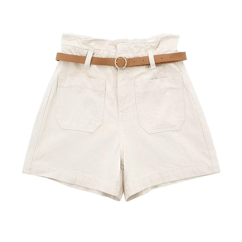 thumbnail image 1 of Minifaldas de mezclilla con cinturón para mujer, pantalones cortos elegantes de cintura media con cremallera frontal, estilo vintage, 1 of 5