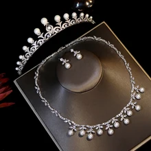EVER FAITH Parure Bijoux De Mariée 3PCS Zircone Cubique Feuille De Perle - Collier Boucles D'Oreilles Peigne Ivoire