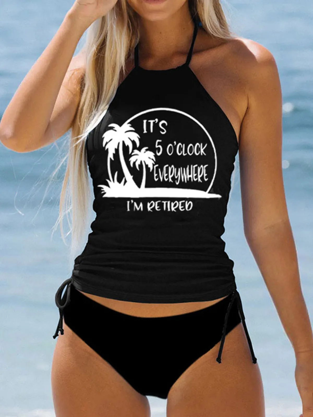 

Coconut Tree Drawstring Halter Set Black Bikini Set Sexy Swimwear Women 2023 Mujer Push Up Padded Biquini Bathers Bathing Suit