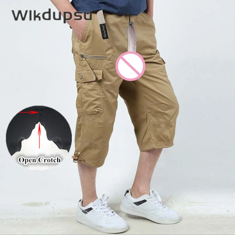

Cotton Men's Sexy Invisible Double Zippers Open Crotch Pants Spring Summer Casual Trousers Military Cargo Shorts Male Clothing