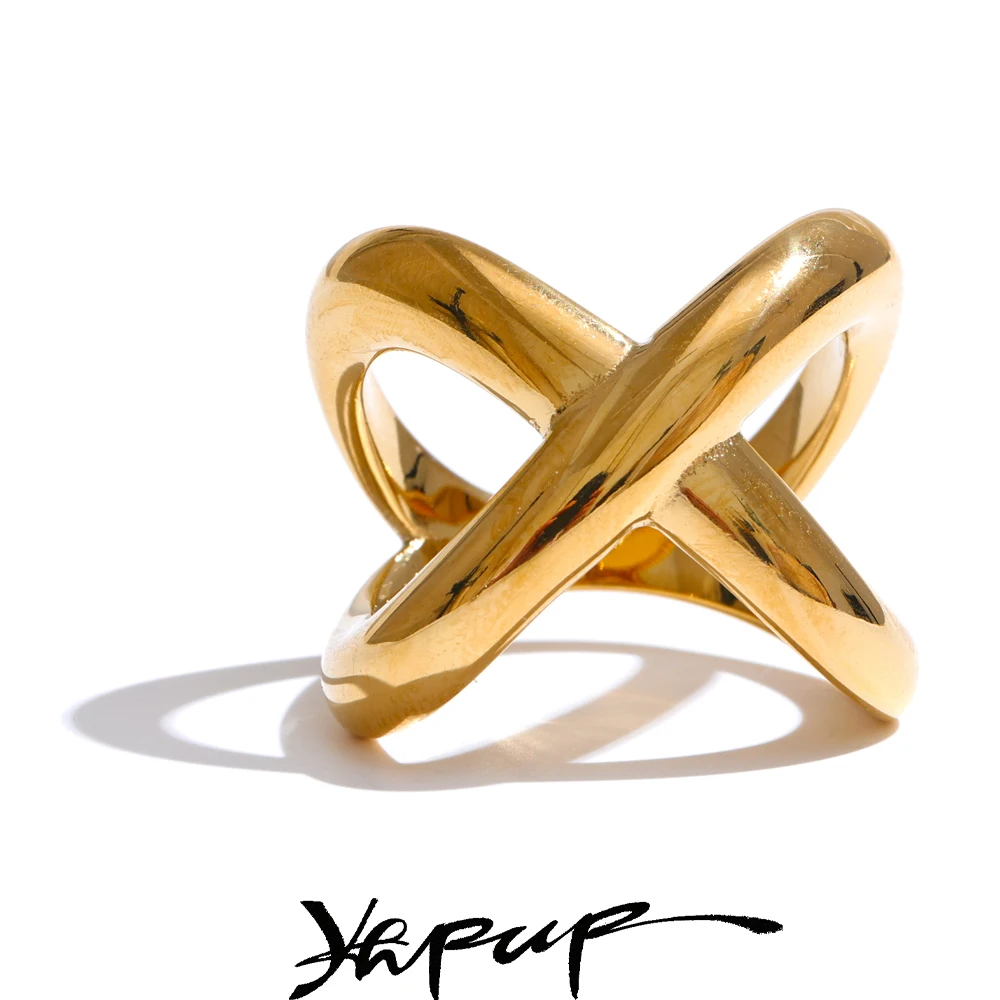 Yhpup Stainless Steel X-Shape Geometric Finger Ring Waterproof Smooth Metal