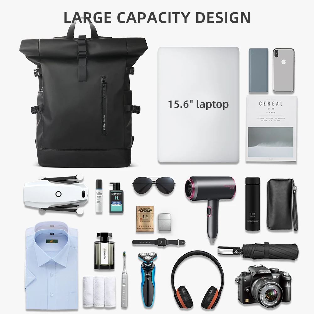 Men's Travel Backpack Expandable 15.6 Inch Laptop Bag with USB Port Waterproof Rollup Backpack Leisure
