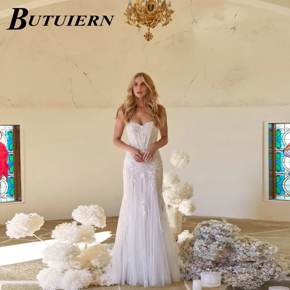 

Shiny BUTUIERN Sexy Appliques Wedding Dress Sweetheart Lace Mermaid Bridal Gown Spaghetti Straps With Court Train Customised