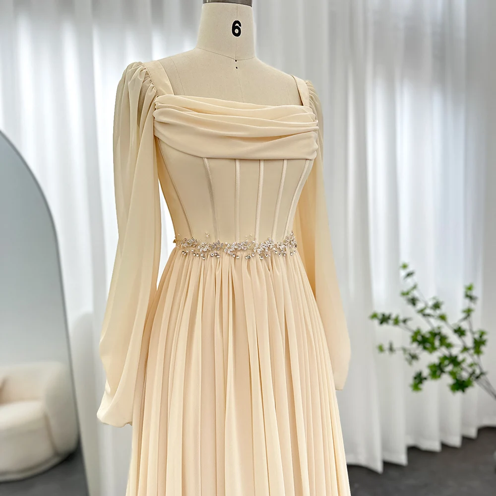 SCZ136 Dubai Beige Short Midi Arabic Evening Dress with Belt Long Sleeves Tea Length Women Formal Wedding Party Gowns 5 SCZ136 Dubai Beige Short Midi Arabic Evening Dress with Belt Long Sleeves Tea Length Women Formal Wedding Party Gowns 5
