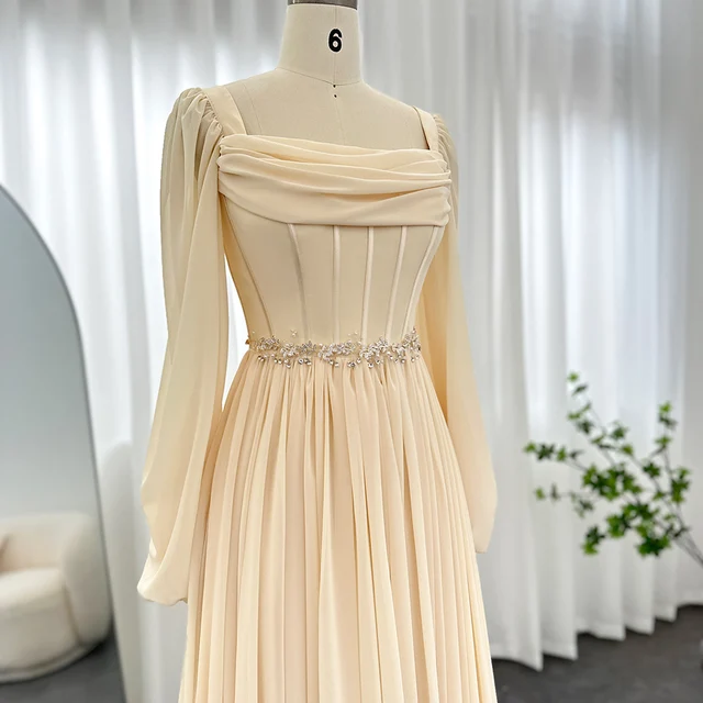 SCZ136 Dubai Beige Short Midi Arabic Evening Dress with Belt Long Sleeves Tea Length Women Formal Wedding Party Gowns 5