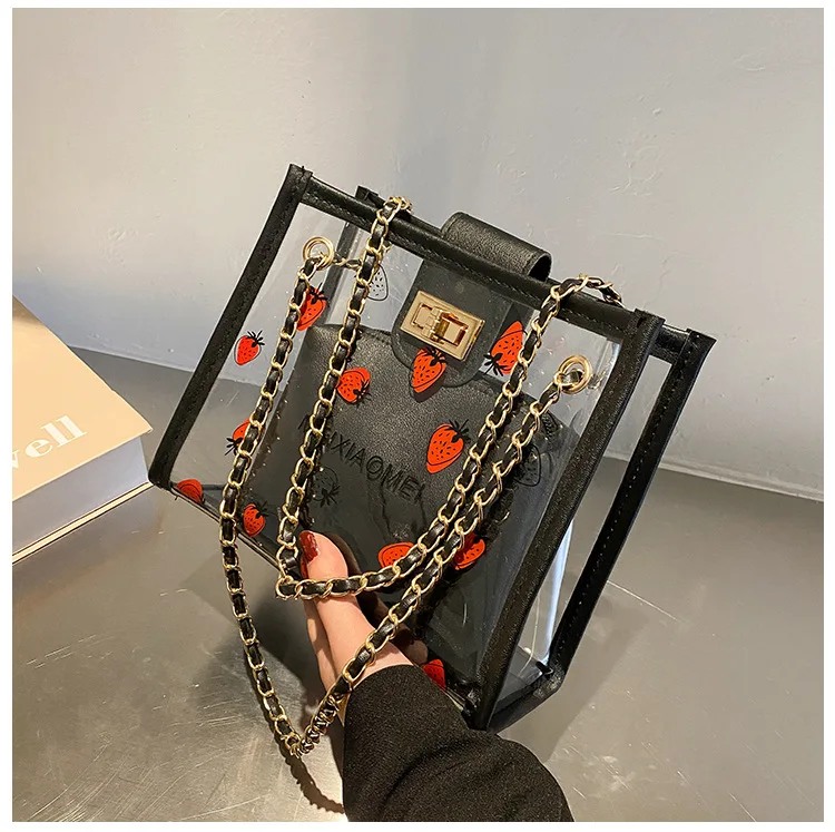 Borsa trasparente alla moda per donna Borsa a tracolla da donna da viaggio trasparente in PVC con borsa Borsa tote ecologica fragola di grande capacità_voghion.com