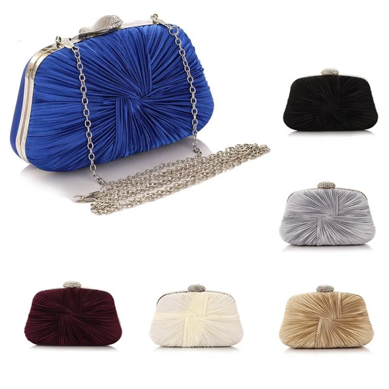 Royal Blue Pleat Pillow Shaped Clutch Bag Elegant Designer Clutch With Chain Rhinestone Hasp Wedding Bridal Party Purse 2023