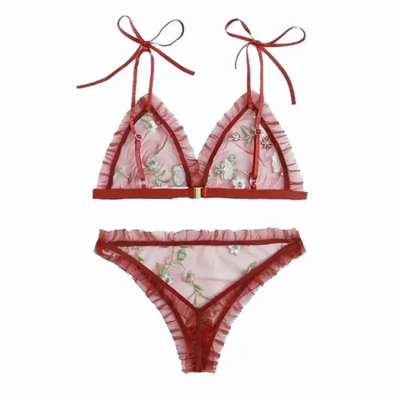 Sexy Trasparente Pizzo Ricamo Maglia Fiocco Bretelle Biancheria Intima Pigiama Set Lingerie Femme Lingerie Sexy Per Le Donne Intimo Donna