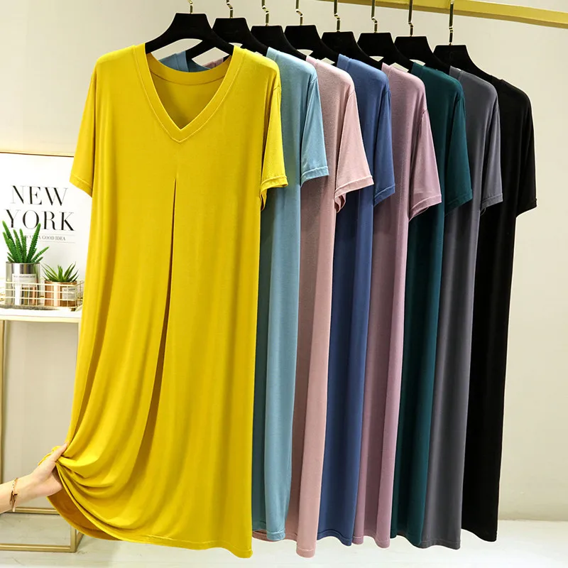 

Fdfklak Summer Sleepwear Women New Modal V-Neck Pleated Short-Sleeved Nightwear Dress Korean Loose Home Wear Nightdress