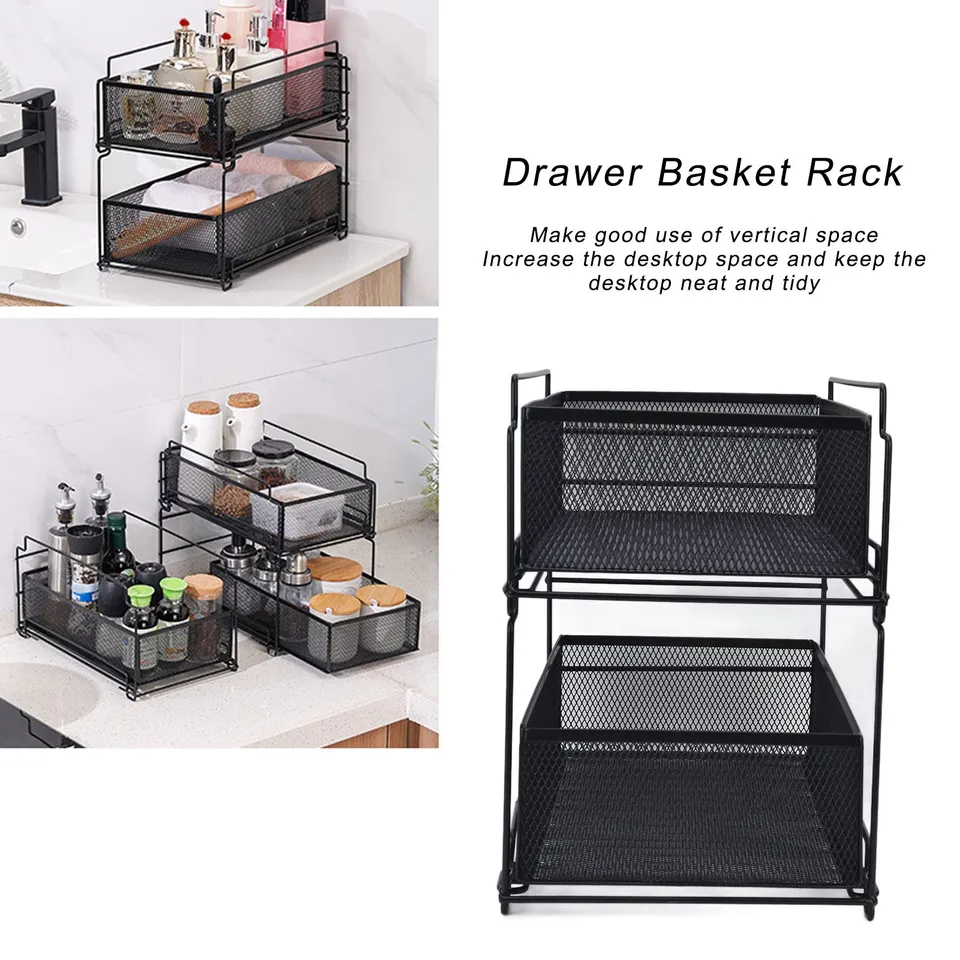 Organizer Sottolavello Estraibile In Metallo – Ripiano Scorrevole 37,5x26,5 Cm, Altezza Regolabile 41-49 Cm, Nero, Per Cucina E Bagno