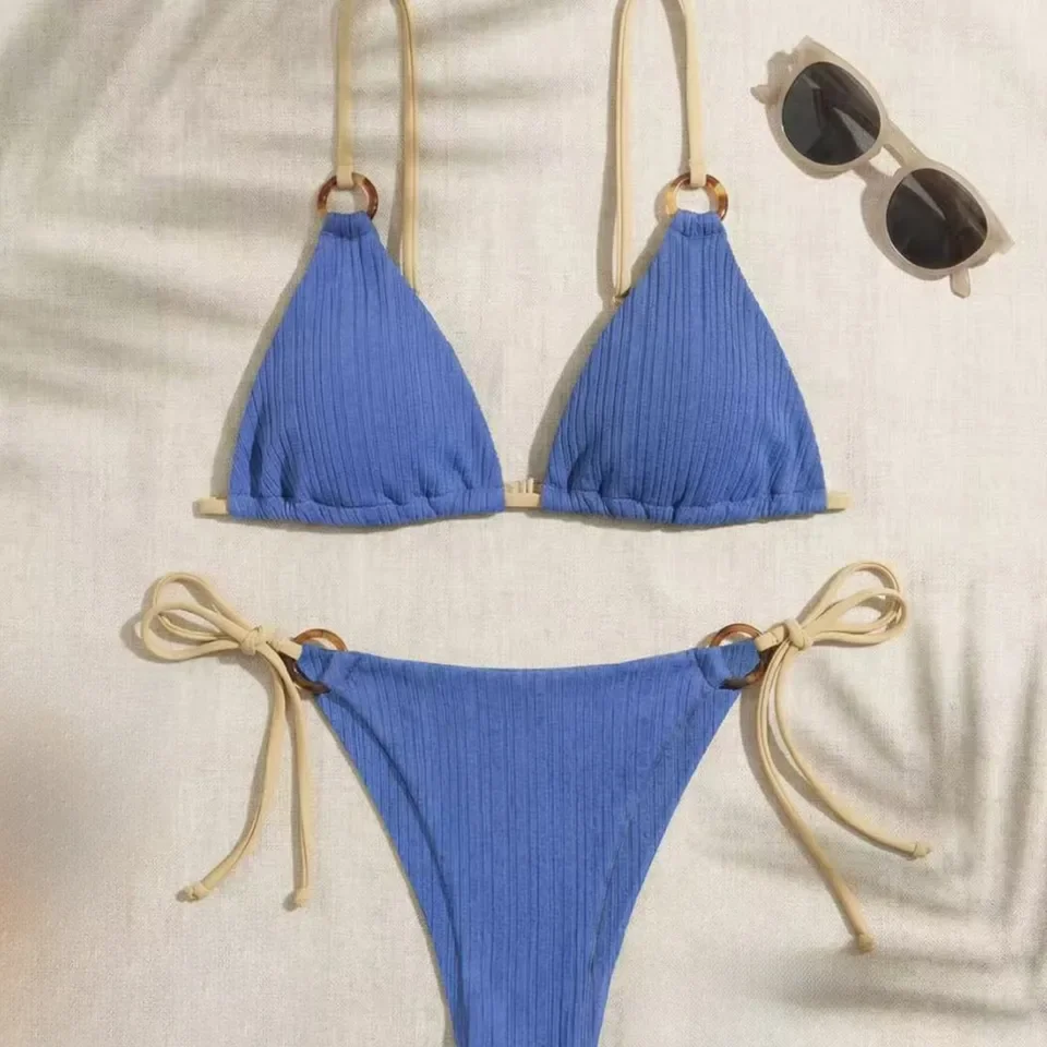 Women's Padded Three-point Bikini Set Solid Color Spaghetti Strap Hoop Sexy Swimsuit Two-piece Swimwear WirelBathing Suit 3