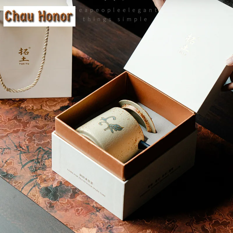 330ml Blue And White Flint Red Mug Handmade Gold Drawing Peony Flower Coffee Cup Infuser Tea Maker Office Water Cup Teaset Craft