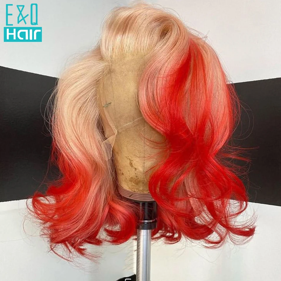 Ombre Hot Red Lace Front Body Wave Wigs For Women Human Hair Pink Colored Deep Wave Frontal Wig Brazilian HD Transparent Lace