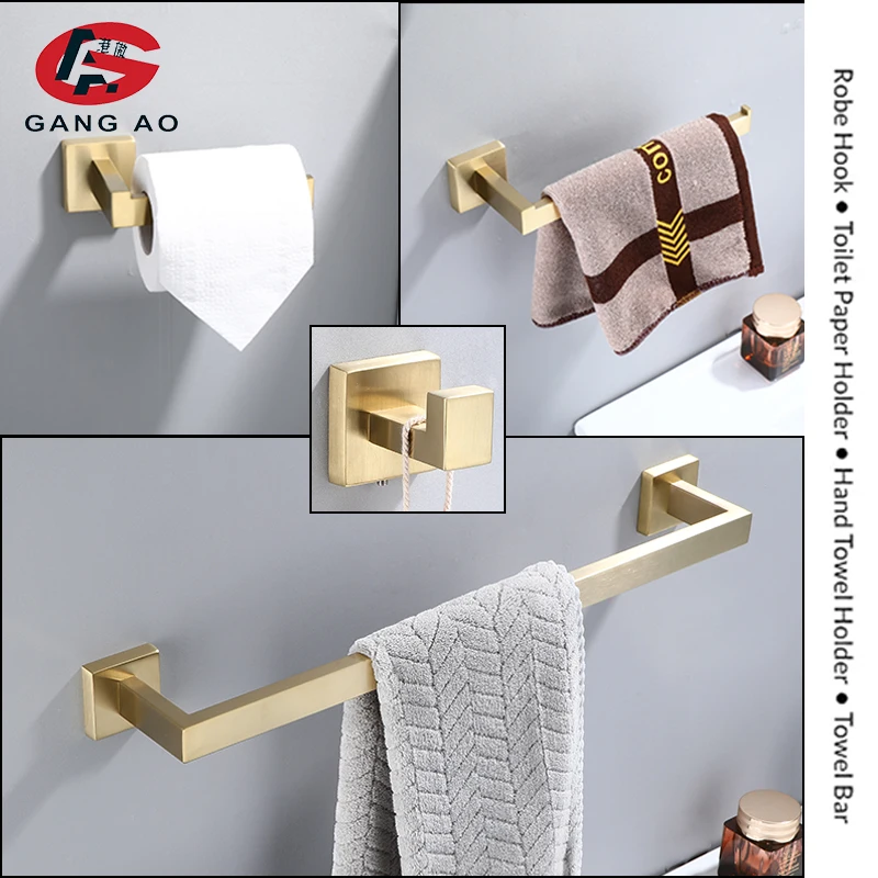 Brushed Gold Bathroom Accessories Set Toilet Brush Holder Toilet Paper Holder Wall Mounted 304 Stainless Steel Bathroom Hardware